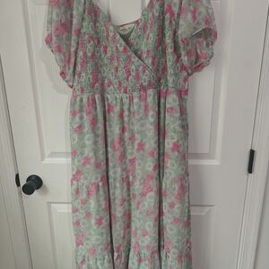 Floral Pink and Green Midi Dress